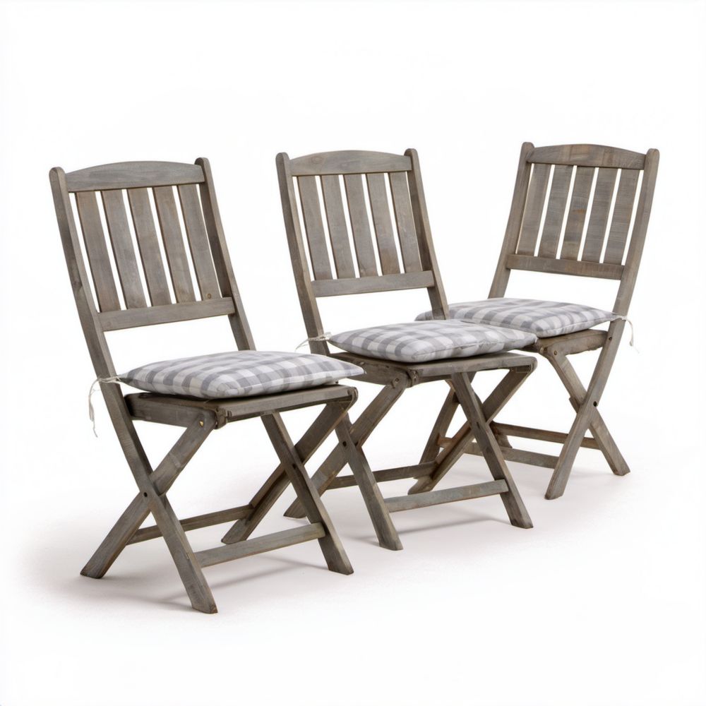 Zestaw 3 składanych krzeseł ogrodowych z litego drewna akacjowego z poduszkami, szare, 46 x 59 x 94 cm