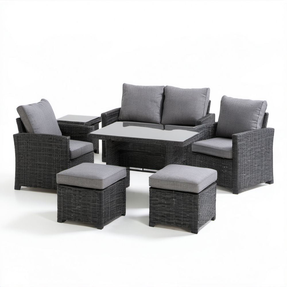 7-częściowy zestaw mebli ogrodowych z technorattanu czarno-szary – sofa 2-osobowa, 2 fotele, 2 pufy, stolik kawowy 100 × 50 × 45 cm i stolik boczny