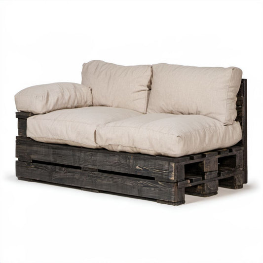 Dwuosobowa sofa ogrodowa z drewna sosnowego, ciemnobrązowa z beżowymi poduszkami, 120 × 80 × 75 cm