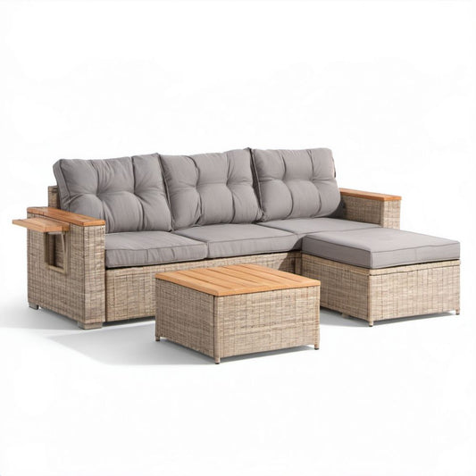 Ogrodowy zestaw mebli z technorattanu – sofa narożna 200 x 130 x 85 cm ze stolikiem, beżowo-szary
